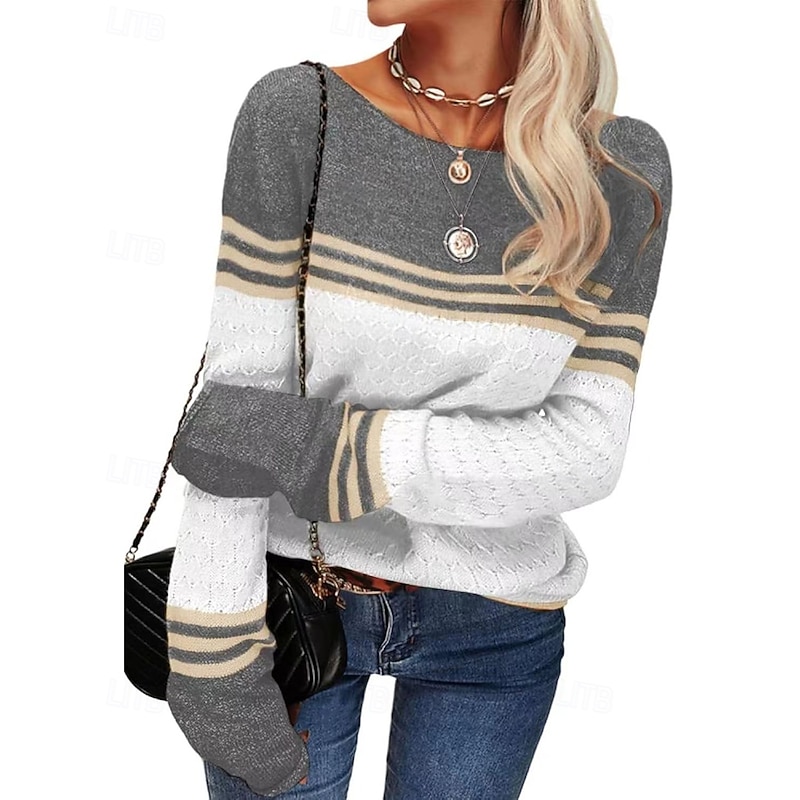 Women's Sweater Pullover Streetwear Casual Striped Crew Neck Patchwork Knitted Long Sleeve Regular Tops Knit Daily Holiday Going out Wine Red White Fall Winter2