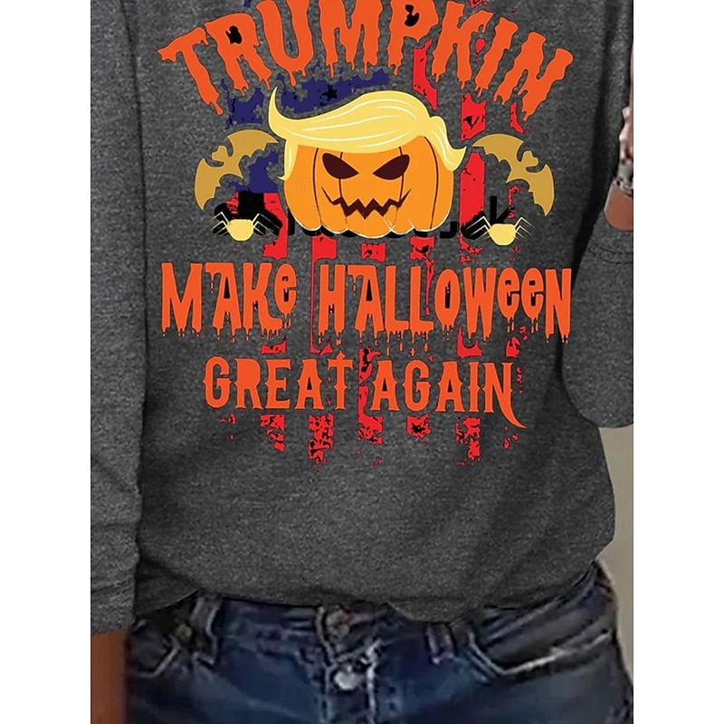 Halloween Women's T shirt Pumpkin Graphic Letter Vintage Fashion Stylish Long Sleeve Crew Neck Round Neck Regular Tops Daily Weekend Print Gray Spring Fall Winter3
