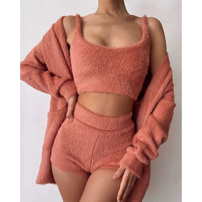 Women's Pajamas Loungewear Fashion Casual Pure Color Shorts Vacation Home Bed Long Sleeve Crew Neck Orange Fall Winter Regular Fit2