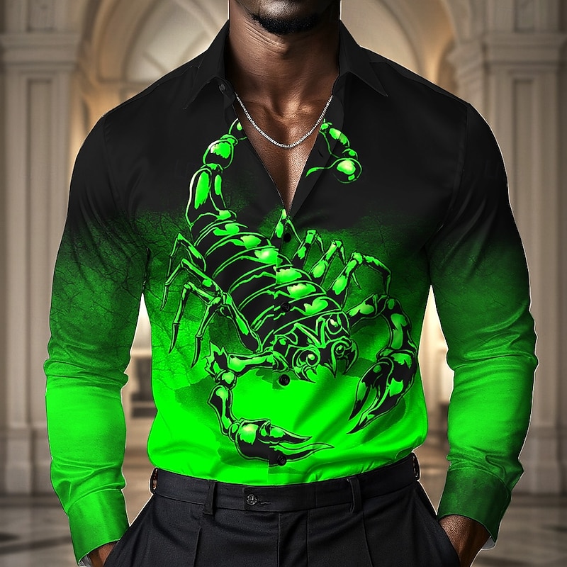 Men's Gradient Color Scorpion Shirt Satin Shirt Dress Shirt Long Sleeve Vintage Retro Vacation Dailywear Summer Spring Fall Turndown 3D Print Button Up Shirts Red Blue Green