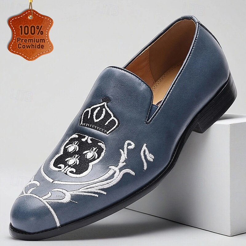 Men's Blue Embroidered  Leather Loafers – Stylish Slip-On Party Shoes for Banquets, Proms and Evening Wear