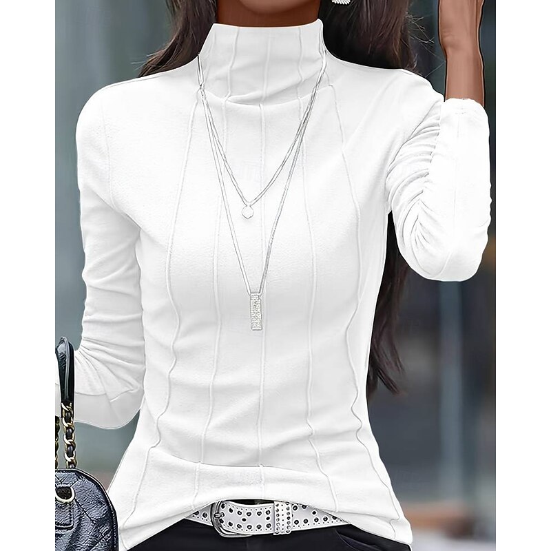 Women's T Shirt Tee Top Plain Fashion Stylish Classic Long Sleeve High Neck Regular Tops Daily Weekend Patchwork White Pink Dark Green Spring Fall3