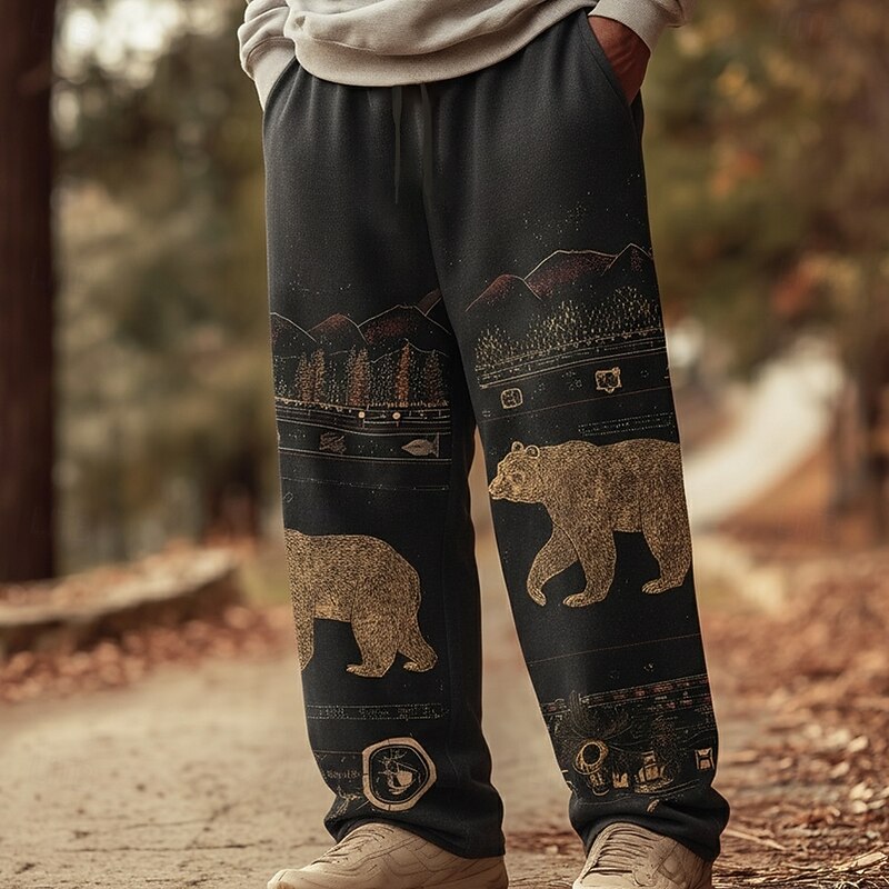 Men's Animal Bear Mountain Pants Trousers Casual Pants Mid Waist Drawstring Elastic Waist Vintage Retro Outdoor Camping & Hiking Hunting Straight Leg Trousers Spring Fall 3D Print Black Brown2