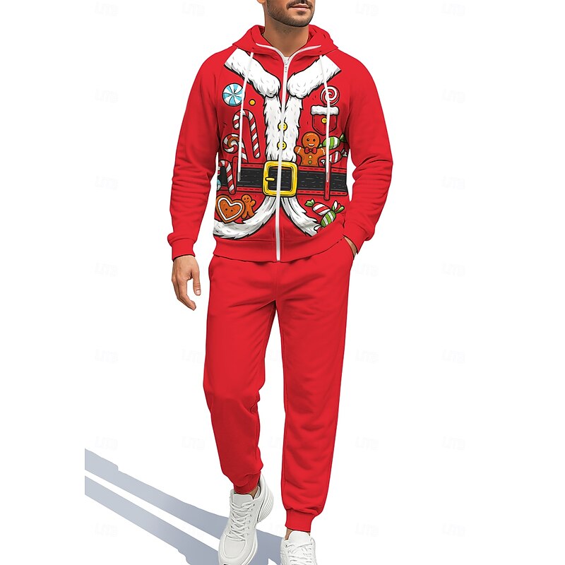 Christmas Men's Hoodie Tracksuit Zip Hoodie Drawstring Pockets Pants Hoodie Sweatshirt Fall Red Green Gym Workout Casual Basketball Baggy Long Sleeve Sport Activewear Stretchy Regular Fit3