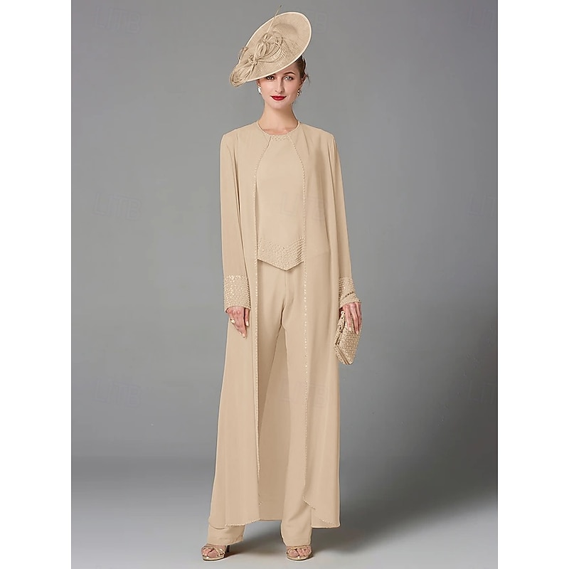 Beach Wedding Pantsuit 3 Piece Mother of the Bride  Formal Wedding Guest Elegant Plus Size Wrap Included Bateau Neck Floor Length Chiffon Long Sleeve Wrap Included with Beading3