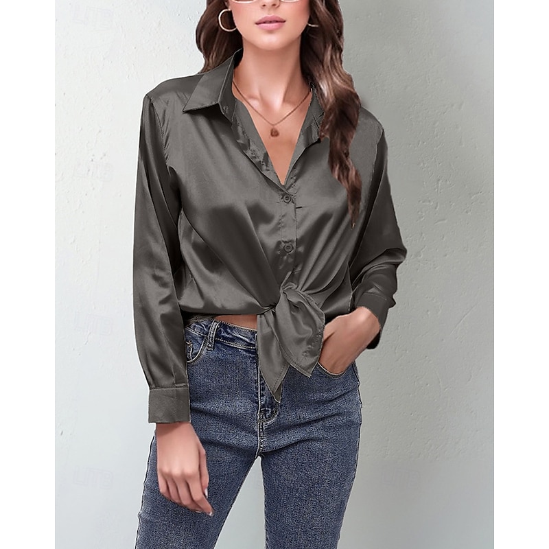 Women's Shirt Elegant Dressy Satin Solid Color Stylish Casual Long Sleeve Shirt Collar Regular Tops Daily Going out Buttons Light Green Pink Blue Camel Green Spring Fall3