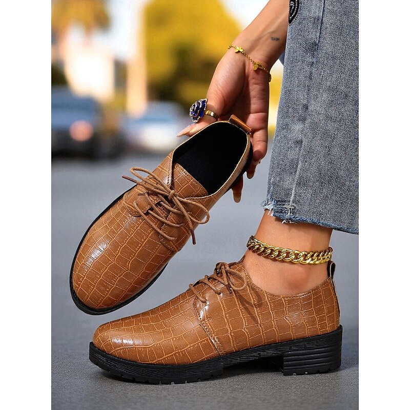 Women's Black Faux Leather Croc Embossed Oxford Shoes – Lace-Up Round Toe Flats for Office, Streetwear and Casual Daily Outfits