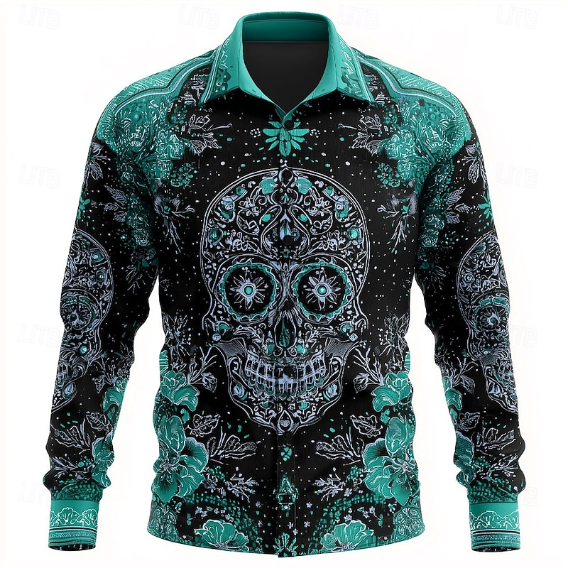 Men's Skull Day of the Dead Flower / Floral Shirt Button Up Shirt Long Sleeve Dark Punk Gothic Style Outdoor Holiday Summer Spring Turndown 3D Print Collared Shirts Red Blue Purple Green2