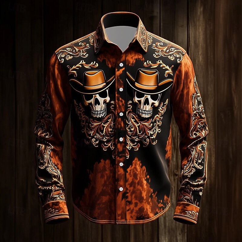 Men's Paisley Skull Day of the Dead Shirt Western Shirt Cowboy Shirt Long Sleeve Ethnic Vintage Retro Outdoor Vacation Spring Fall Turndown 3D Print Linen Like Shirt Black Orange