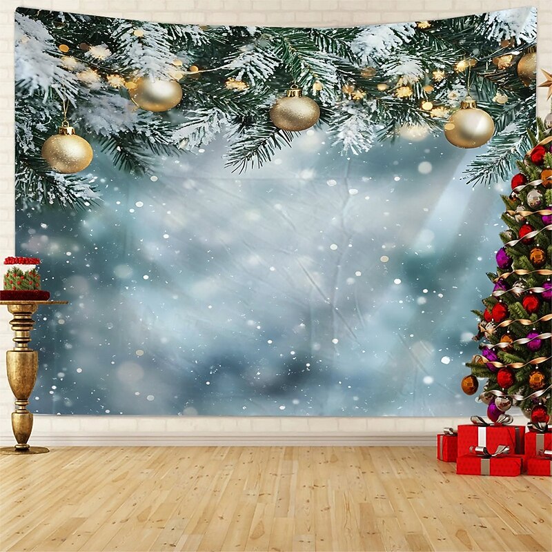 Chrismas Hanging Tapestry Christmas Ornament Balls Festive Holiday Background Light Bulbs Neon Lights Large Wall Art Mural Decor Blanket Curtain Home Bedroom Living Room Seasonal Decoration2