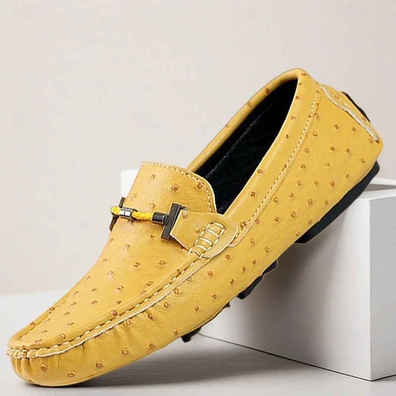 Men's Yellow Ostrich Pattern Loafers with Metal Buckle, Casual Slip-On Driving Moccasins for Business, Summer Parties and Everyday Wear