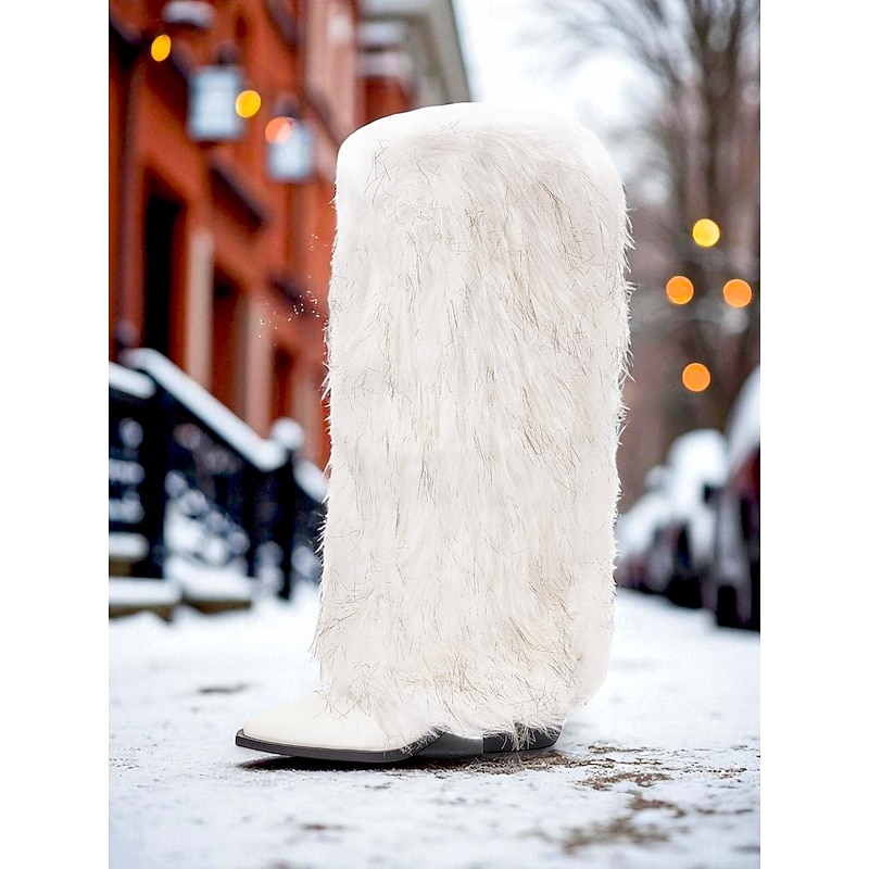 Women's White Faux Fur Knee High Boots - Fluffy Winter Party Footwear with Block Heel, Chic Festival Style for Ladies, Ideal for Nightlife, Cosplay & Holiday Outfits4