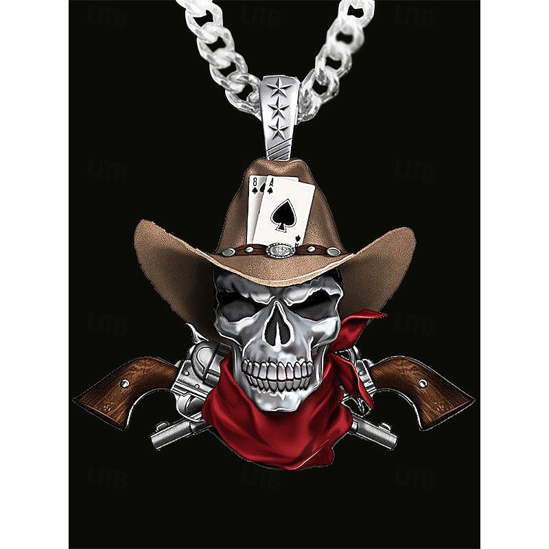 Men's Halloween Alloy Cowboy Skull Pendant Necklace – Gothic Punk Skeleton Jewelry with Hat and Scarf for Party, Cosplay and Nightlife Fashion