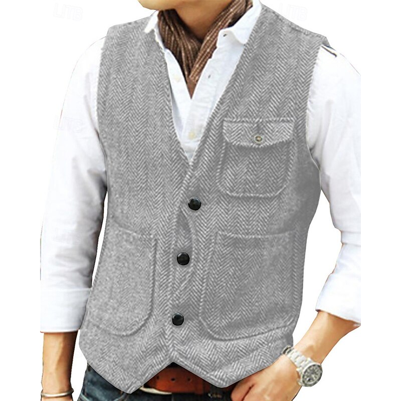 Men's Vest Waistcoat Gilet Vacation Party Business Fashion Casual Spring Fall Pocket Buttons Polyester Comfortable Plain Single Breasted One-button V Neck Regular Fit Silver Black Champagne Wine Vest3