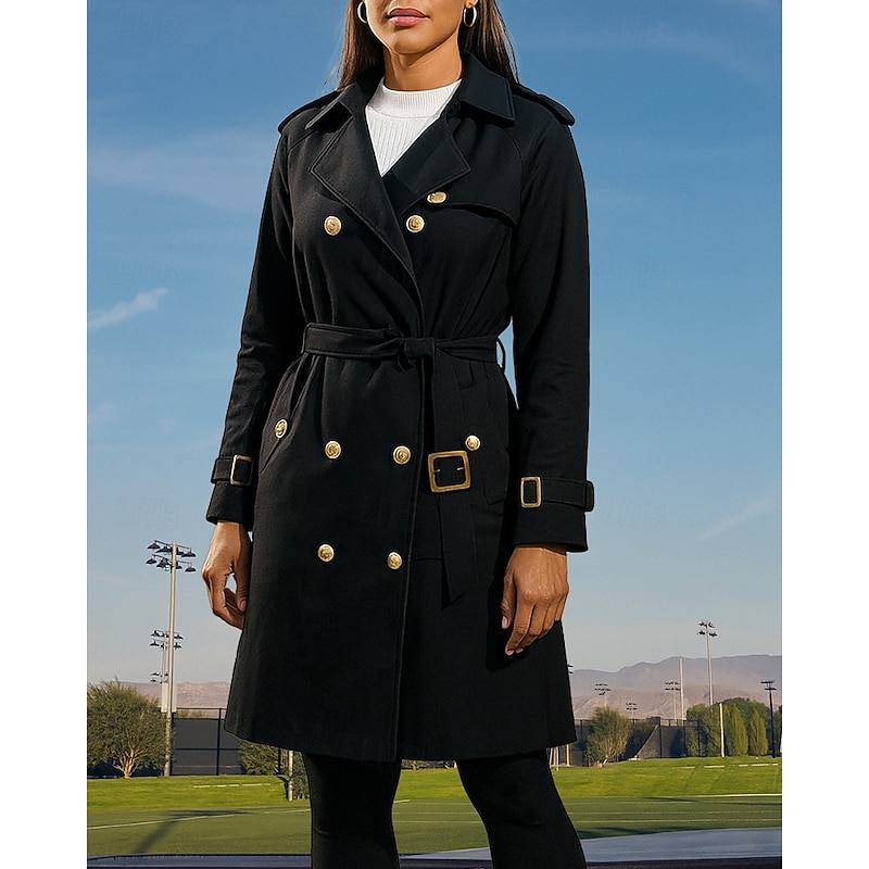Women's Overcoat with Belt Double Breasted Long Trench Coat Classic Long Sleeve Top Athleisure Fall Solid Colored Cotton Windproof Outdoor Travel Vacation Sportswear Activewear Black Khaki Coffee3