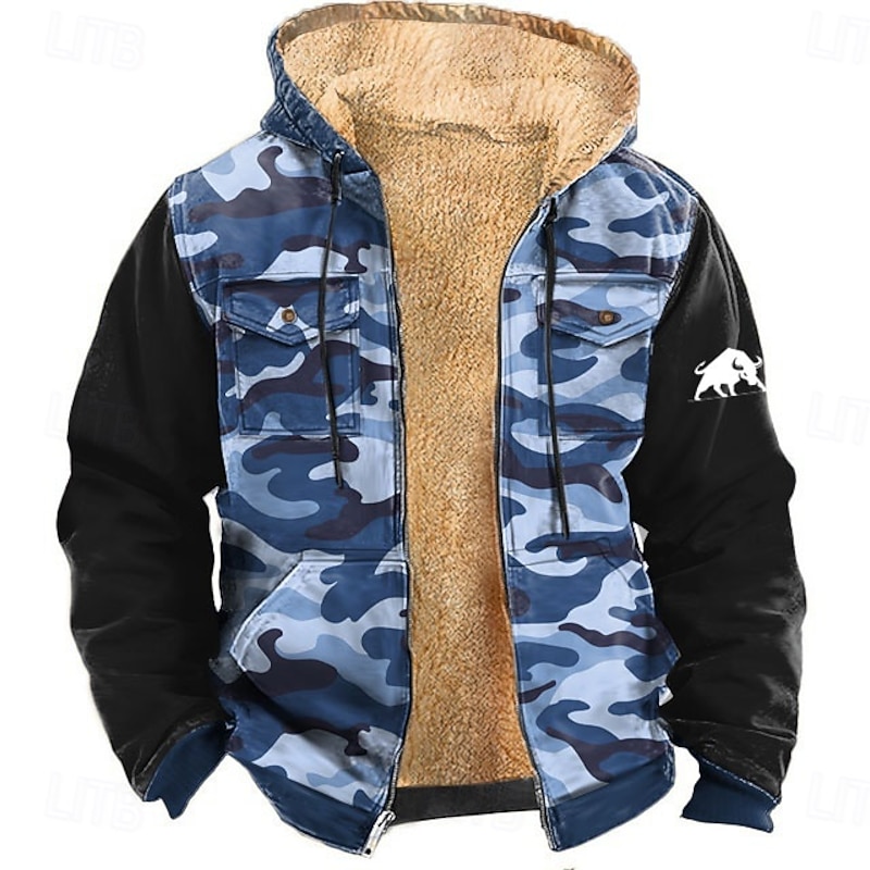 Men's Camo Camouflage Fleece Hoodie Jacket Fashion Cool Hooded Hunting Blue Brown Zipper Pocket Fall Winter Designer4