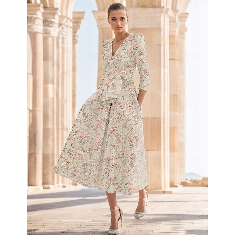 Jacquard Floral A-Line Cocktail Dress Formal Elegant Wedding Guest Vintage V Neck Ankle Length Half Sleeve with Bow(s) Flower Wedding Guest Dress4