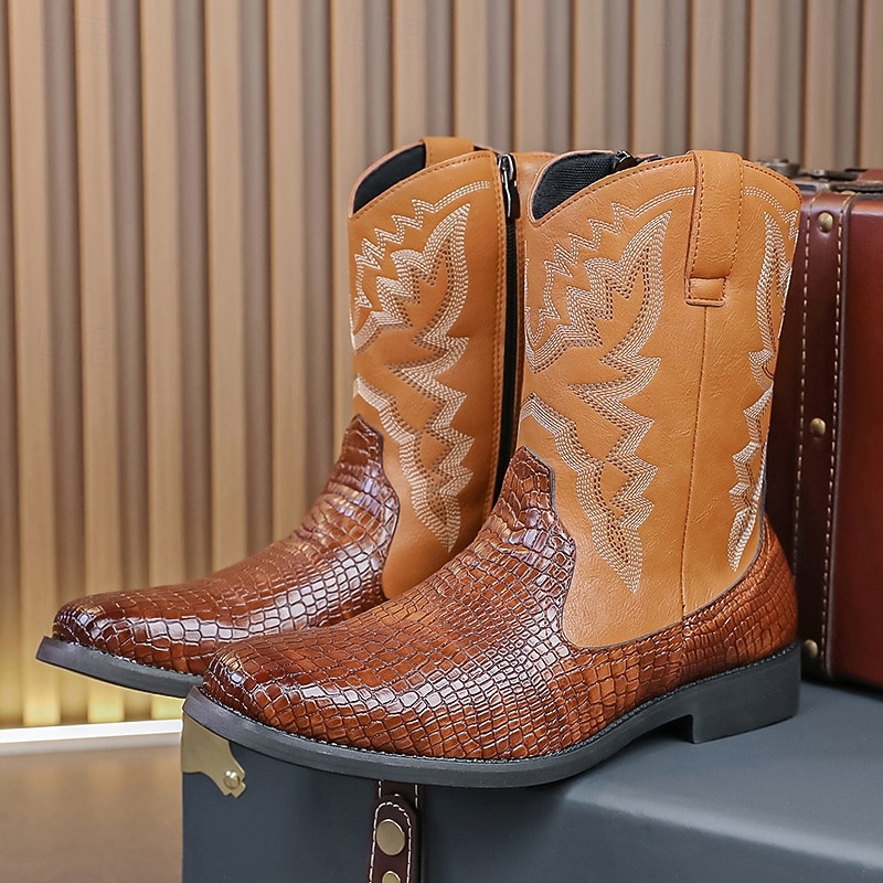 Men's Brown and Crocodile Print Western Cowboy Boots with Embroidered Details, Square Toe, Durable Outsole, Stylish Rodeo Footwear for Horse Riding, Line Dancing, Country Weddings and Outdoor Events2