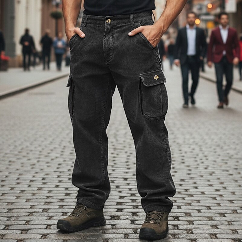Men's Cargo Pants Trousers Corduroy Pants Baggy Pants Casual Pants Elastic Waist Multi Pocket Straight Leg Solid Color Comfort Full Length Outdoor Casual Daily Fashion Streetwear Blue 1# Black3