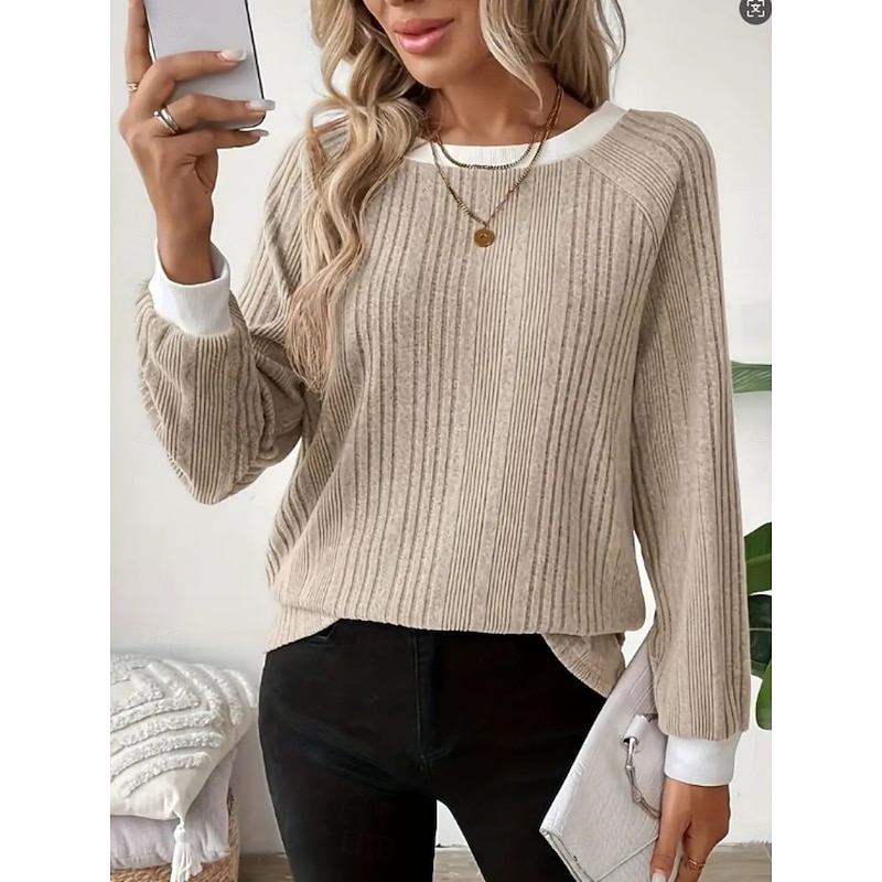 Women's Blouse Solid Color Stylish Casual Long Sleeve Crew Neck Regular Tops Daily Patchwork Apricot Spring Fall Winter - Main Image