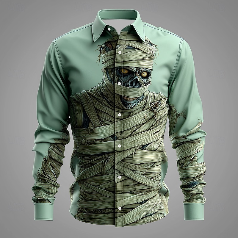 Halloween Men's Zombies Mummy Shirt Button Up Shirt Long Sleeve Dark Gothic Style Holiday Streetwear Spring Fall Turndown 3D Print Collared Shirts Light Green Green2