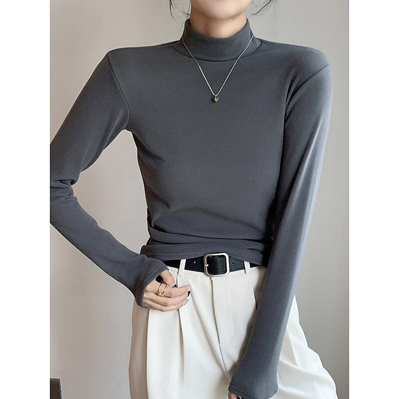 Women's Blouse Solid Color Elegant Stylish Basic Long Sleeve Turtleneck Regular Tops Daily Black White Yellow Red Purple Fall Winter3