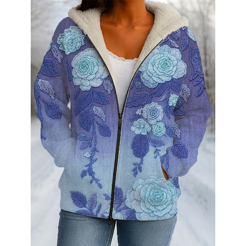 Women's Winter Coat Winter Jacket Windproof Warm Zipper Pocket Fleece Lined Casual Floral Casual Athleisure Daily Daily Wear Regular Hooded Regular Fit Long Sleeve Outerwear Pink Blue Green Winter3