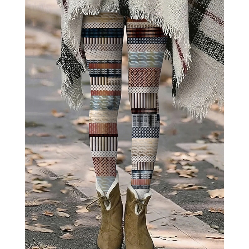 Women's Pants Trousers Leggings Cozy Leggings Casual Boho Full Length High Waist Geometic Elastic Waist Print Breathability Comfortable Stretchy Vacation Street Daily Wear Khaki Summer Spring Fall2