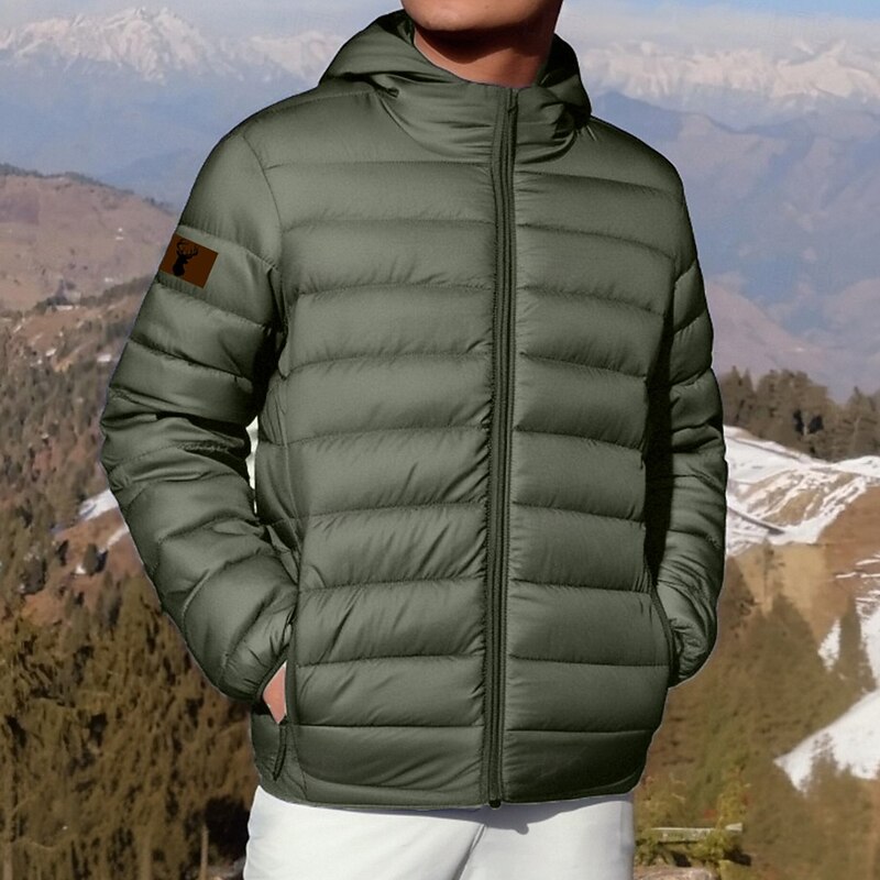 Men's Reindeer Print Winter Coat Down Jacket Puffer Jacket Thermal Warm Rain Waterproof Lightweight Casual Outdoor Daily Padded Quilted Hooded Jacket Fall Winter Hooded Long Sleeve Black Royal Blue2