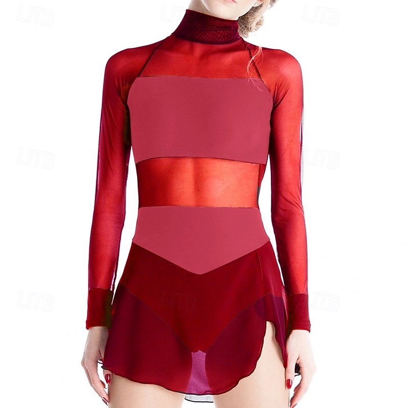 Figure Skating Dress Women's Girls' Ice Skating Dress Outfits Black Red Navy Blue Open Back Mesh Spandex High Elasticity Training Practice Competition Skating Wear Patchwork Long Sleeve Ice Skating4