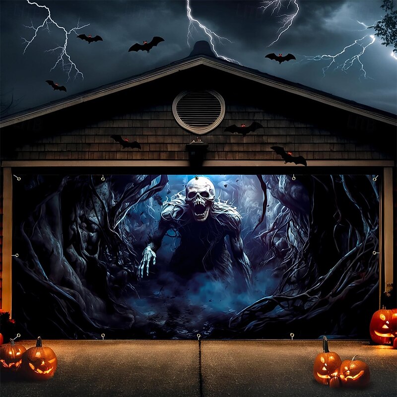Halloween Garage Door Cover Large Hanging Backdrop Bloodstains Zombies Dark Dark Punk Gothic Style Party Outdoor Shooting Backgrounds Yard Haunted House Home Decor4