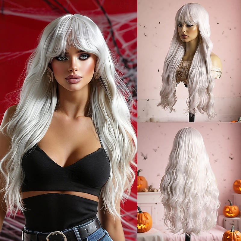 Synthetic Wig Body Wave Wavy Middle Part Neat Bang Wig 26 inch White Synthetic Hair 26 inch Women's Soft Comfy White