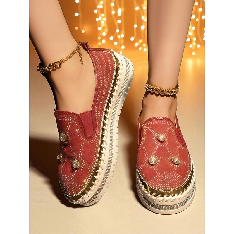 Women's Red Slip-On Platform Sneakers with Rhinestone Studs and Metallic Detailing - Stylish Casual Shoes for Women Perfect for Nightlife Party Outfits3