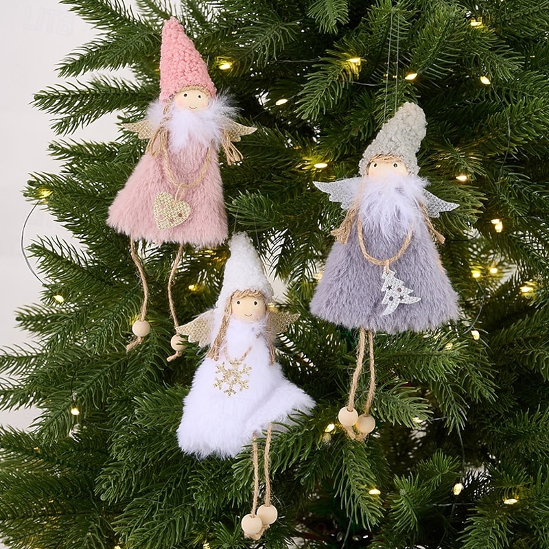 3pcs Christmas Angel Ornaments, Creative Pink Angel Plush Hanging Decorations, Fuzzy Lamb Girl Figurines, Small Tree Ornaments, Holiday DIY Decor