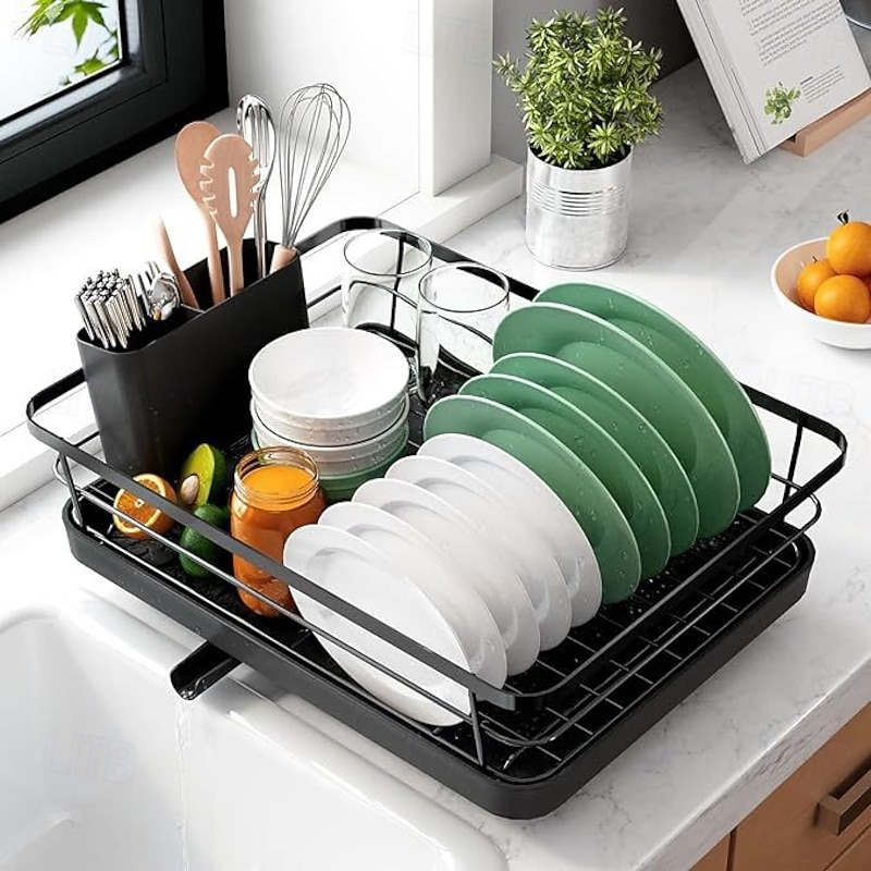 Dish Drying Rack for Kitchen Counter, Stainless Steel Sink Organization and Storage Essentials with Cutlery Holder, Home and Appartment Decor