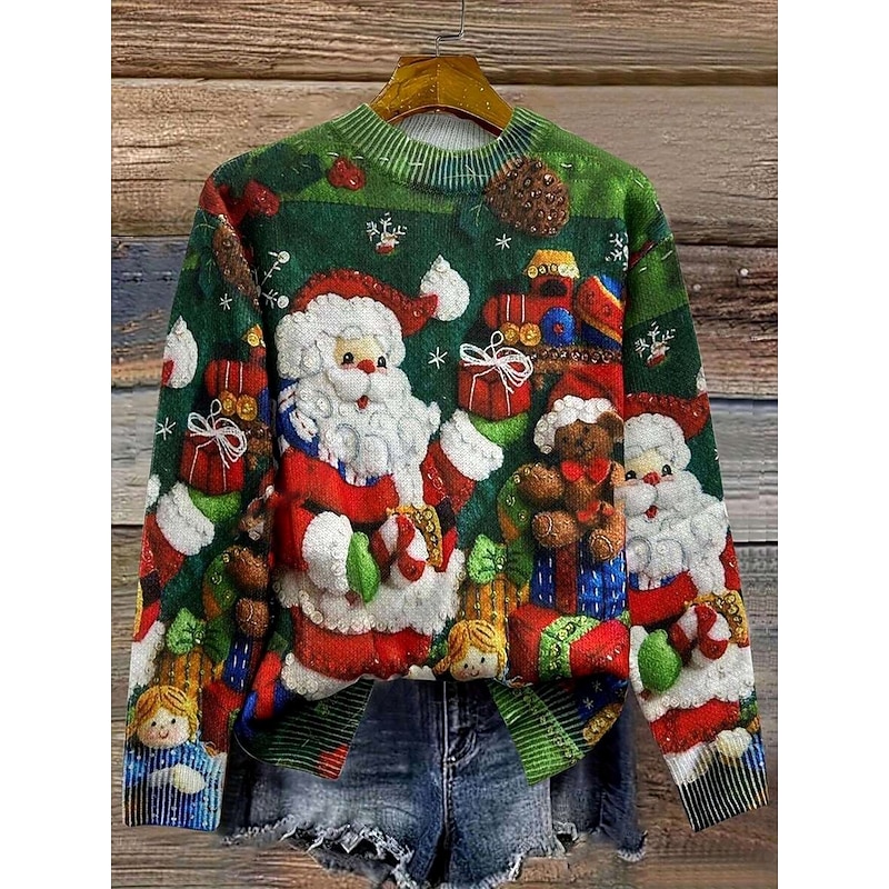 Women's Sweater Pullover Daily Casual Graphic Christmas Tree Santa Claus Ribbed Crew Neck Knitted Print Long Sleeve Regular Tops Knit Outdoor Weekend Green Fall Winter