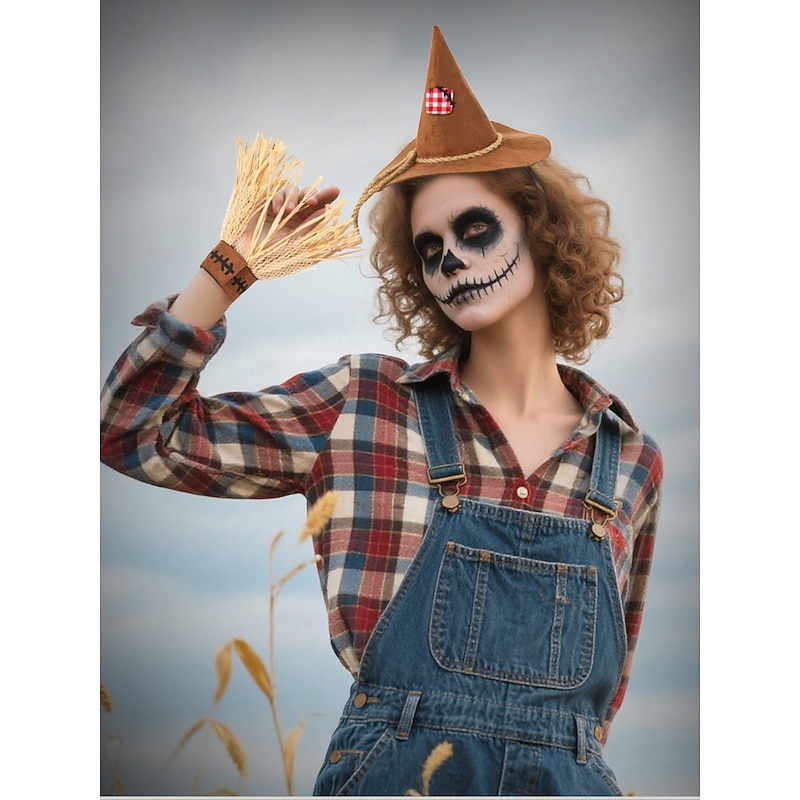 Women's Scarecrow Halloween Hat and Gloves Set -Straw Hand Costume Accessory for Halloween Party and Costume Dress-Up3