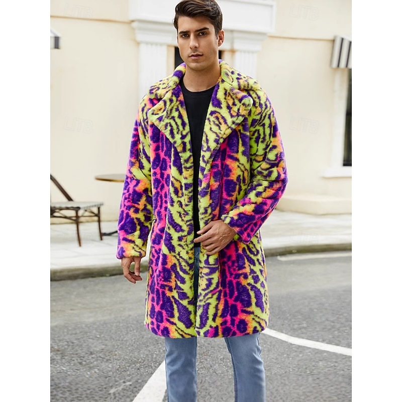 Men's Winter Coat Fur Coat Trench Coat Vacation Casual Winter Polyester Soft Outdoor Outerwear Clothing Apparel Bold Warm Ups Leopard Pocket Lapel4