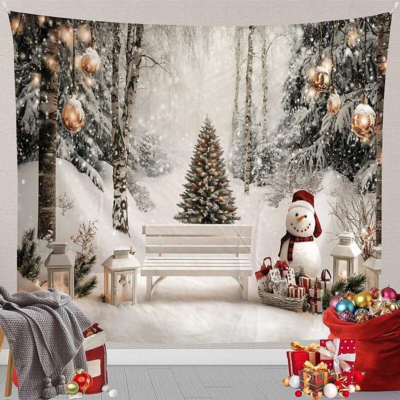 Chrismas Hanging Tapestry Merry Christmas Christmas Tree Snowman Snowflakes Large Wall Art Mural Decor Blanket Curtain Holiday Home Bedroom Living Room Festive Seasonal Party Celebration Decoration3