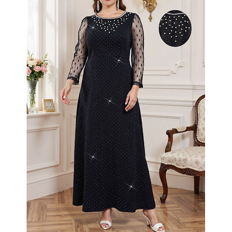 A-Line Mother of the Bride Dress Plus Size Sparkle & Shine Crew Neck Ankle Length Chiffon Polyester Long Sleeve with Pearls4