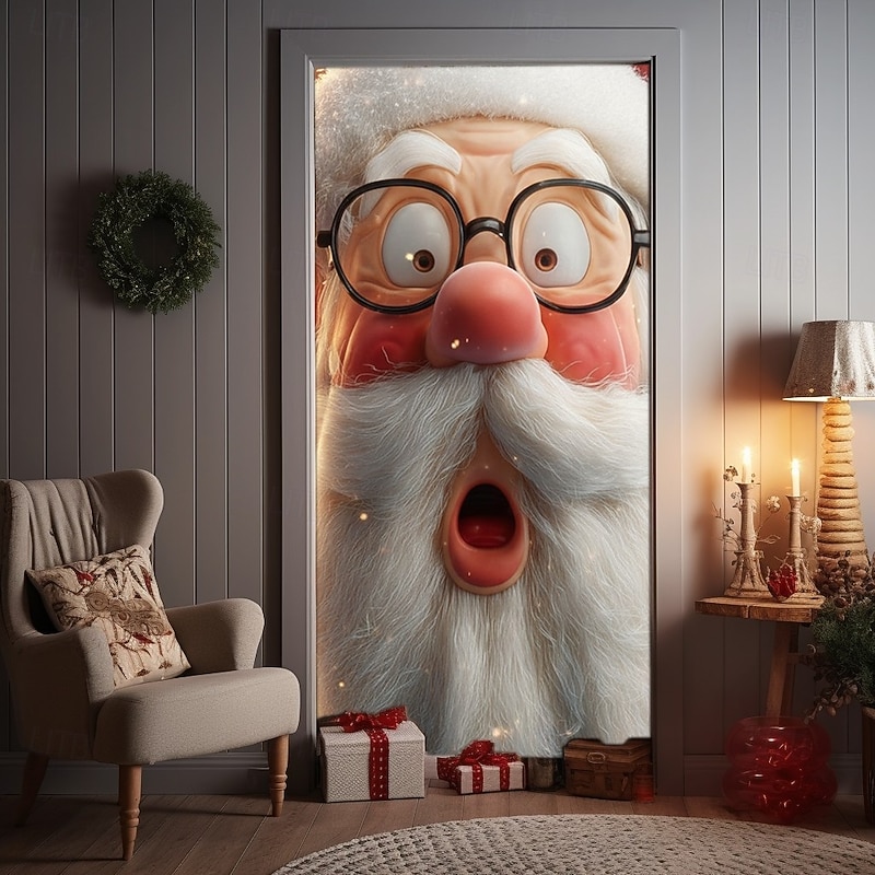 Christmas Door Cover Winter Holiday Decoration Drapes with Enlarged Santa Claus Face Print for Home Entryway Living Room Bedroom Indoor Outdoor Wall Hanging Festive Seasonal Home Decor