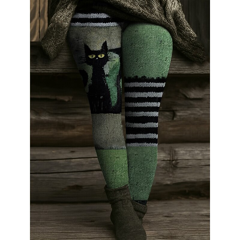 Women's Leggings Vacation Vintage Ethnic Style Full Length High WaistPantsHalloween Graphic Animal Cat Drawstring Patchwork 3D Print Quick Dry Breathability Soft Stretchy Formal Outdoor Vacation Gray2