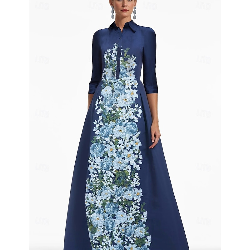 A-Line Mother of the Bride Evening Gown Elegant Dress Formal Wedding Floor Length Long Sleeve Shirt Collar Pocket Satin with Floral Print