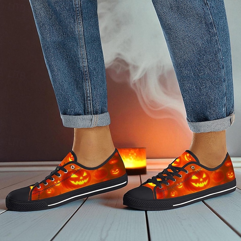 Men's Halloween Pumpkin Low Top Sneakers – Glow Effect Canvas Lace-Up Shoes for Party, Nightlife and Casual Wear3