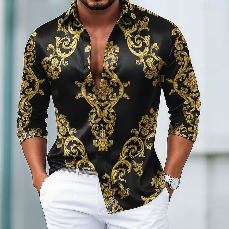 Men's Floral Print Baroque Shirt Satin Shirt Dress Shirt Long Sleeve Vintage Retro Vacation Dailywear Summer Spring Fall Turndown 3D Print Button Up Shirts Black White Burgundy Blue3