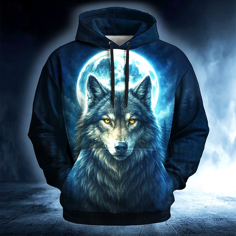 Men's Moon Wolf 3D Hoodie Sweatshirt Cool Daily Crew Neck Club Streetwear Blue Purple Drawstring Fall Winter Designer