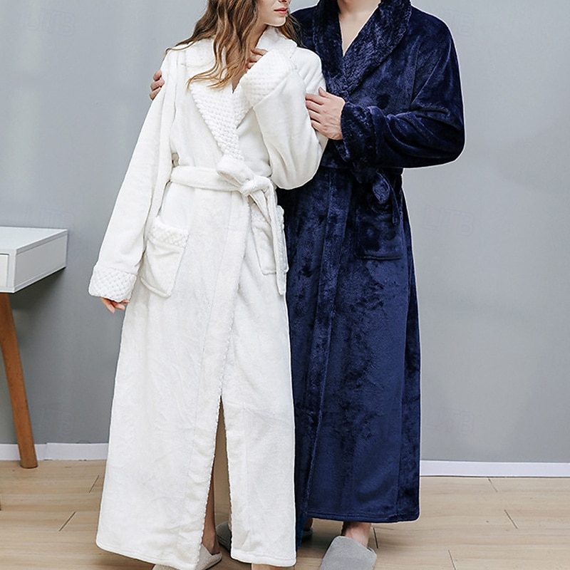 Women's Pajamas Robe Fashion Pure Color Pocket Vacation Home Bed Long Sleeve Lapel White Pink Wine Navy Blue Gray Fall Winter Tailored Fit