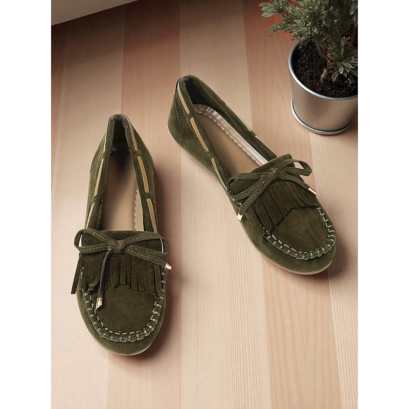 Women's Army Green Faux Suede Moccasin Loafers with Tassel and Fringe – Casual Driving Flats for Daily Wear and Walking4