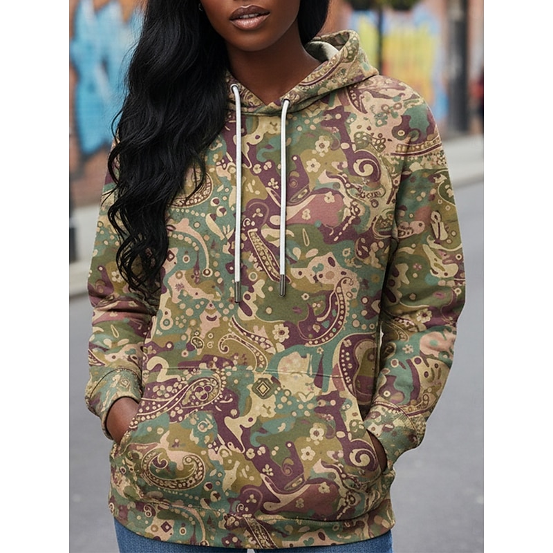 Women's Pullover Hoodies Graphic Paisley Vintage Streetwear Casual Long Sleeve Hooded Regular Tops Dailywear Casual Sports Drawstring Pocket Print Green Spring Fall