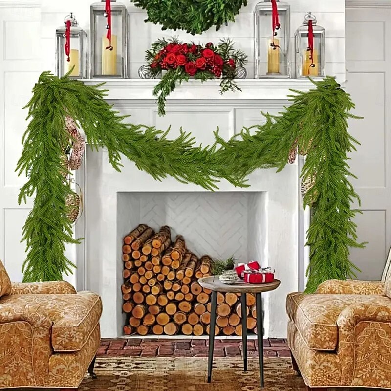 1.5/1.8/2.7m Rattan Christmas Decorations with Soft Rubber, Cypress Leaves, Pine Tree Leaves, Simulated Door Hanging Flower Garlands, Suitable for Tables, Cloaks, Walls, Indoor Outdoor Christmas Decor
